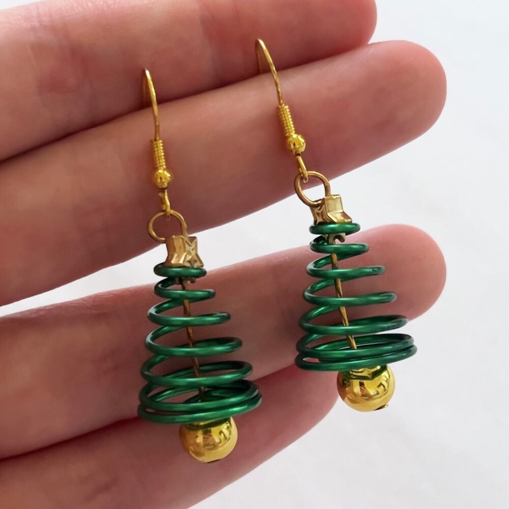 Spiral Green and Gold Christmas Tree Earrings Festive Holiday Jewelry